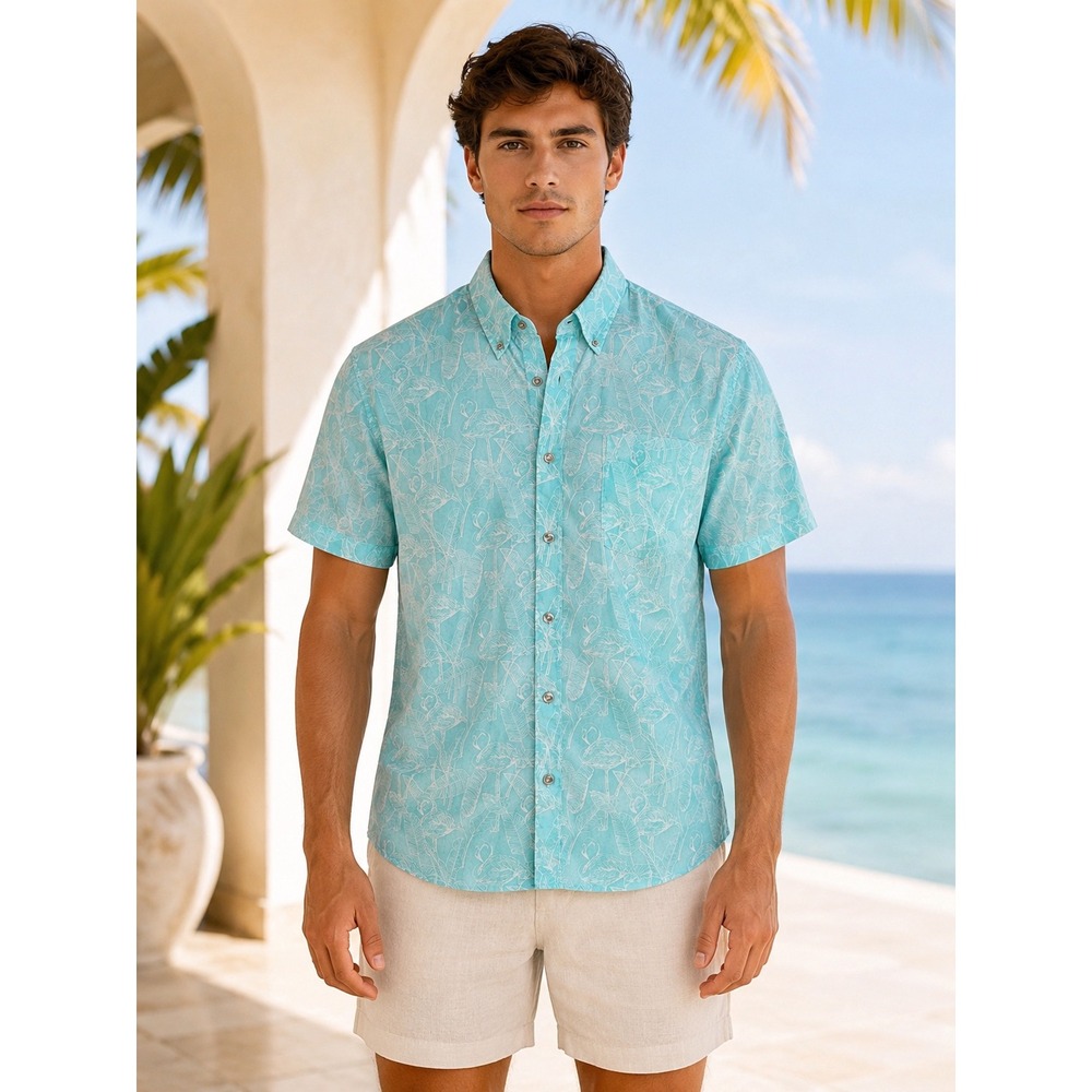 Coast Social Mens Small Aqua Blue Flamingo Palm‎ Print Short Sleeve Button Down